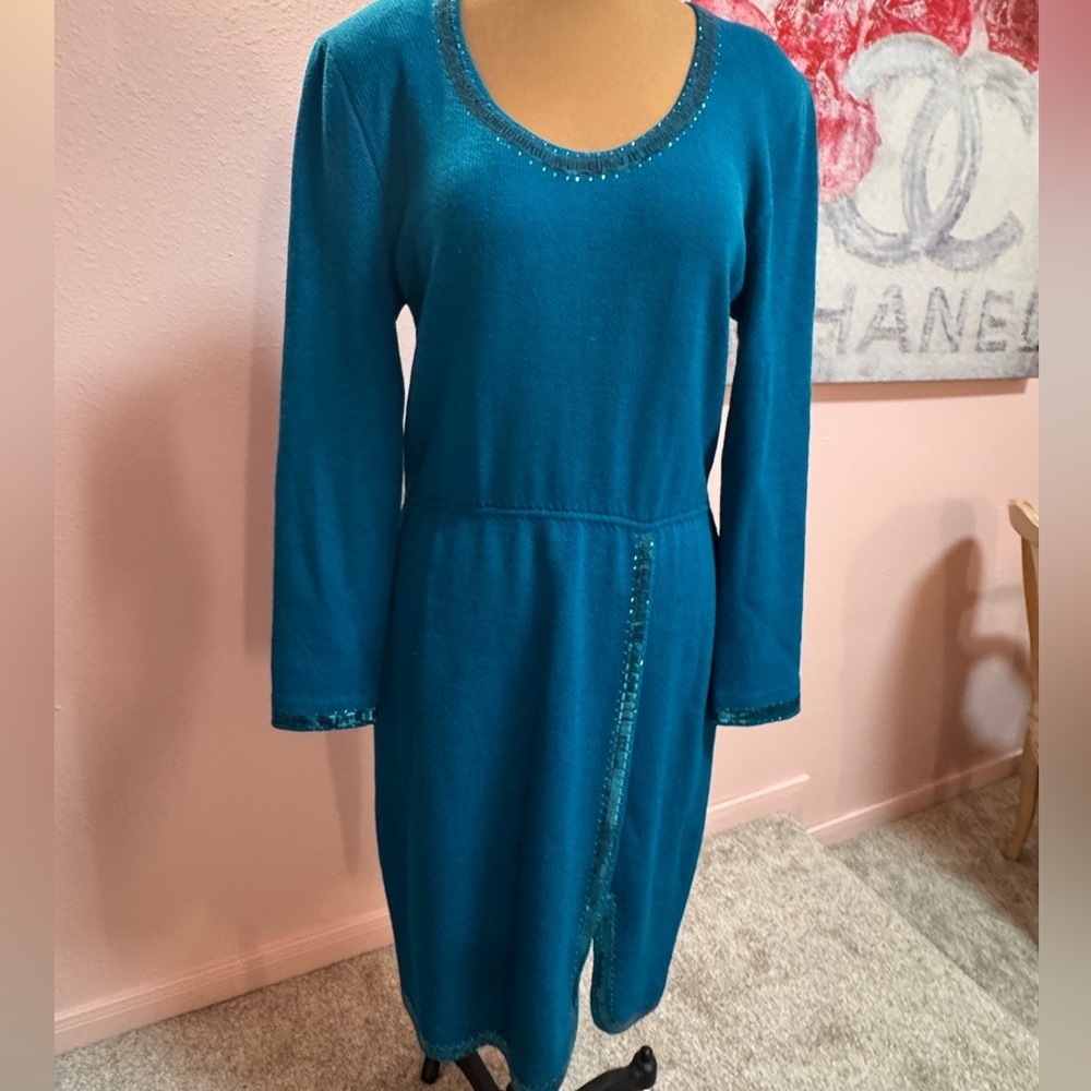 St. John Teal Long Sleeve Dress with Sequin detail - Picture 2 of 12